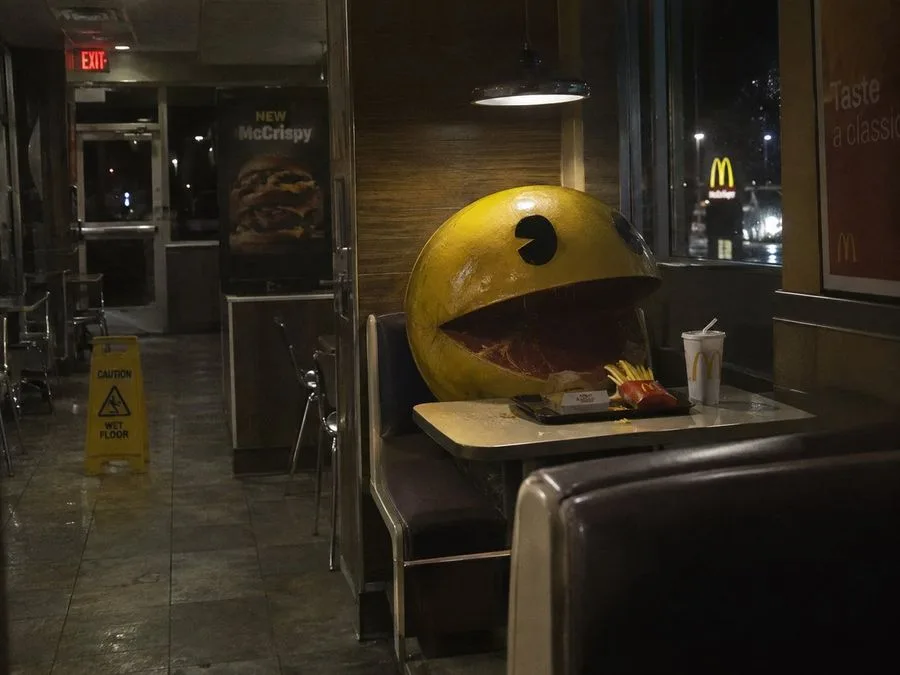 Giant Pacman Mcdonalds Night, AI generated image