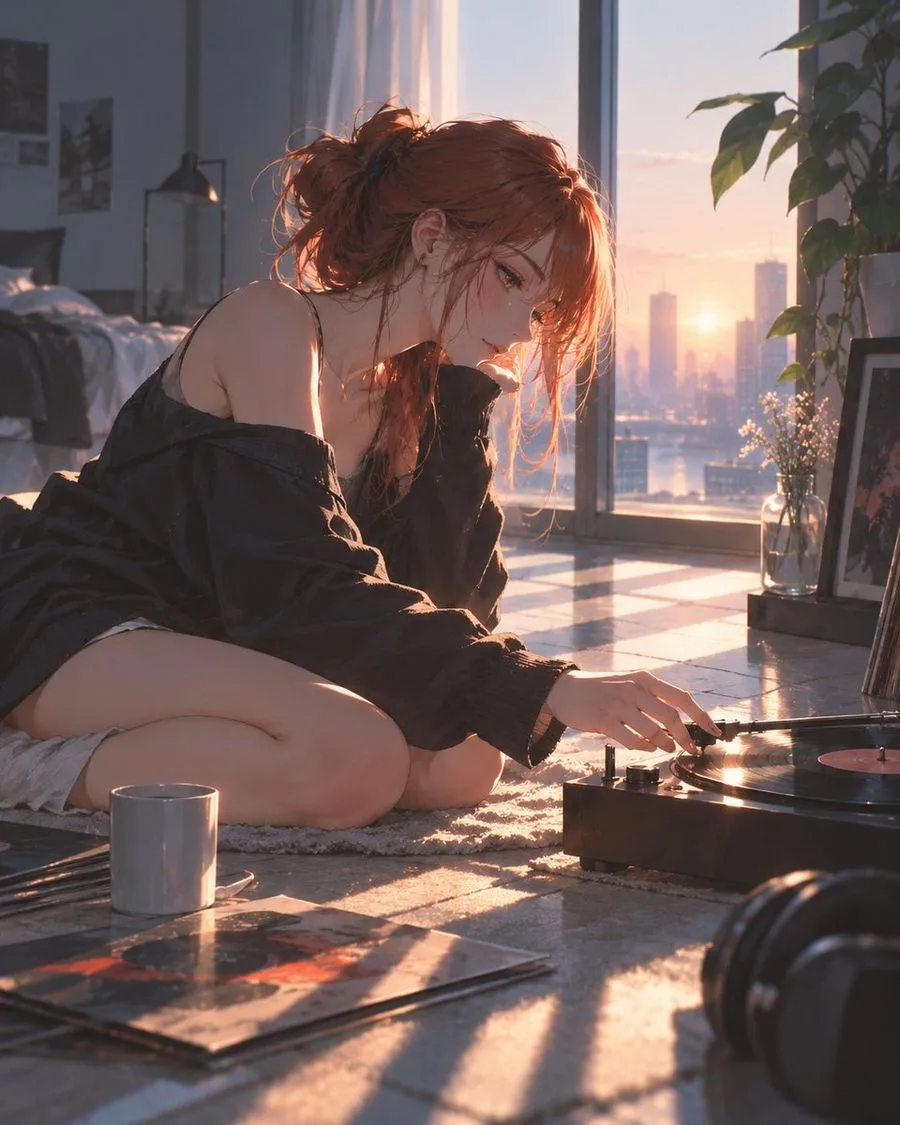 Girl Vinyl Sunset Lofi, AI generated image
