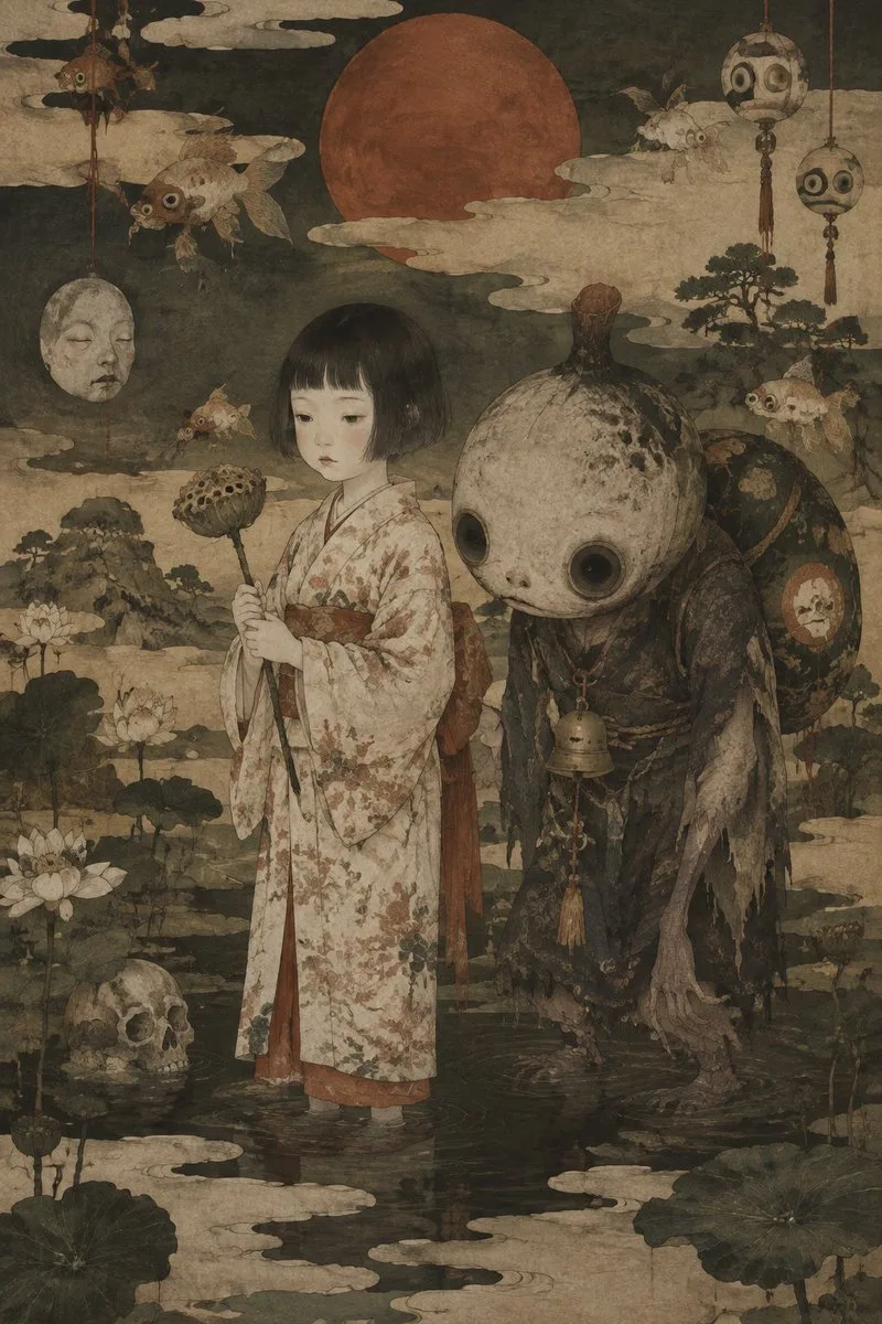 Girl Yokai Pond Illustration, AI generated image