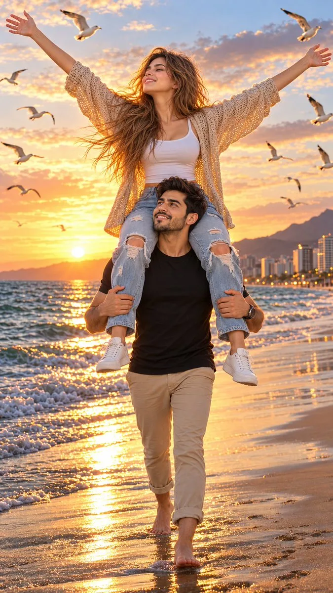 Golden Hour Beach Couple, AI generated image