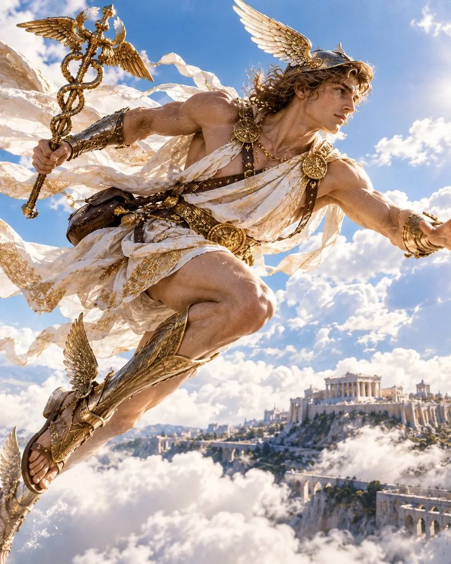 Helios Greek God Flying Acropolis, AI generated image