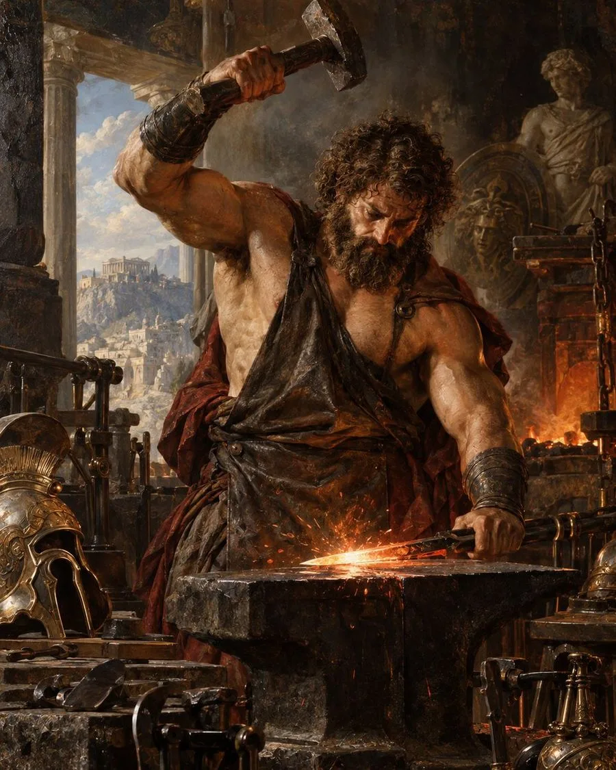 Hephaestus Greek Forge, AI generated image