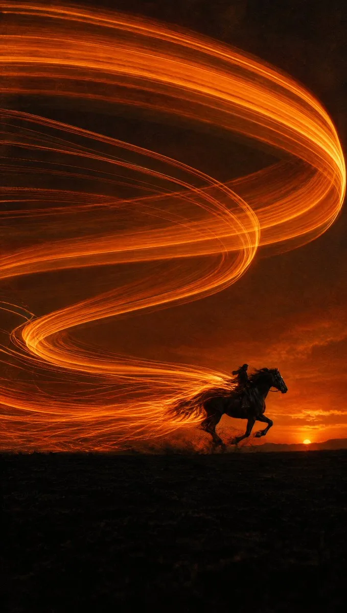 Horse Rider Light Trails Sunset, AI generated image