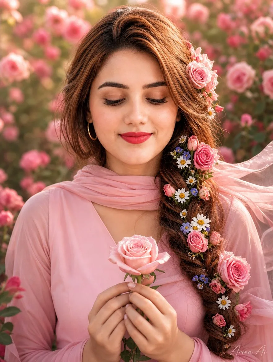 Indian Woman Rose Garden Portrait, AI generated image