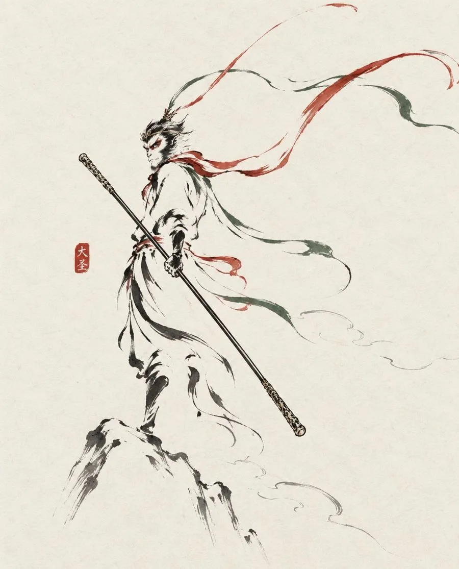 Ink Wash Monkey King, AI generated image