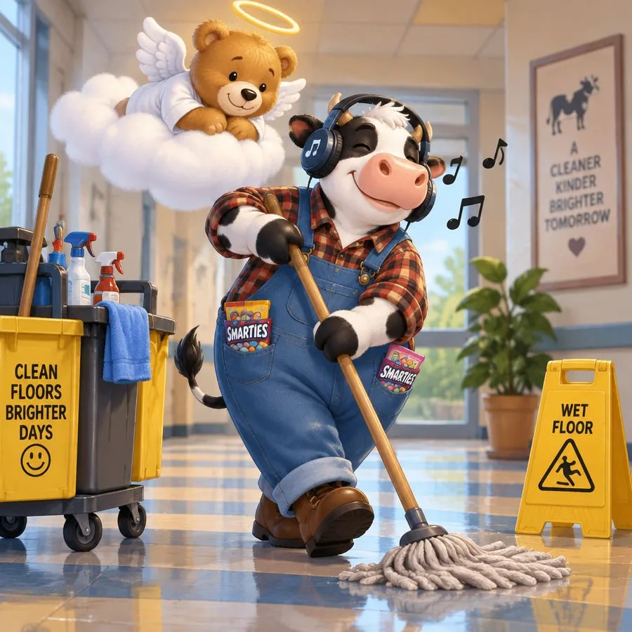 Janitor Cow Holiday Celebration, AI generated image