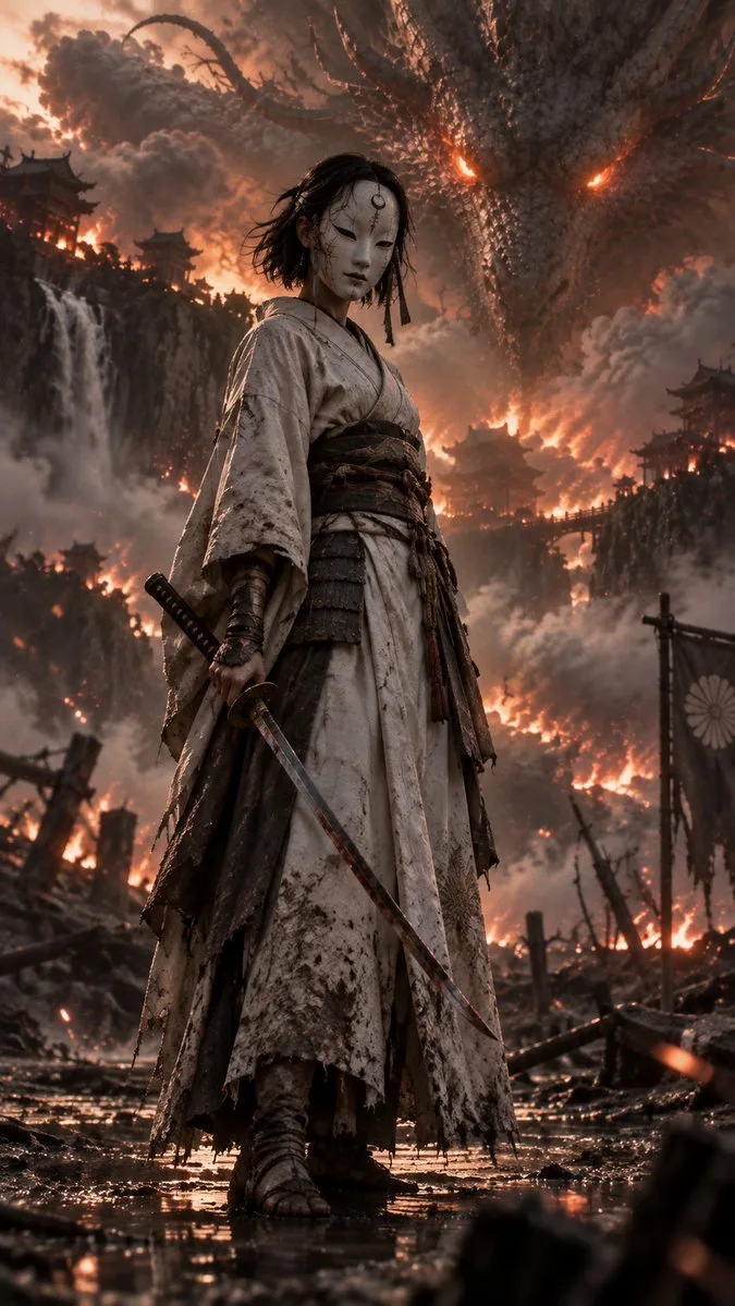 Japanese Female Warrior Portrait, AI generated image