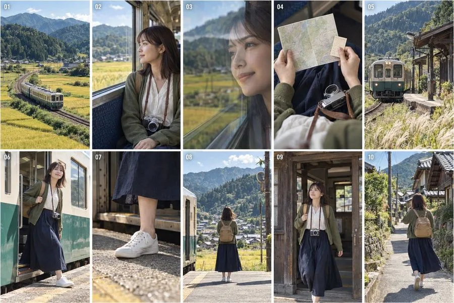 Japanese Train Travel Storyboard Grid, AI generated image
