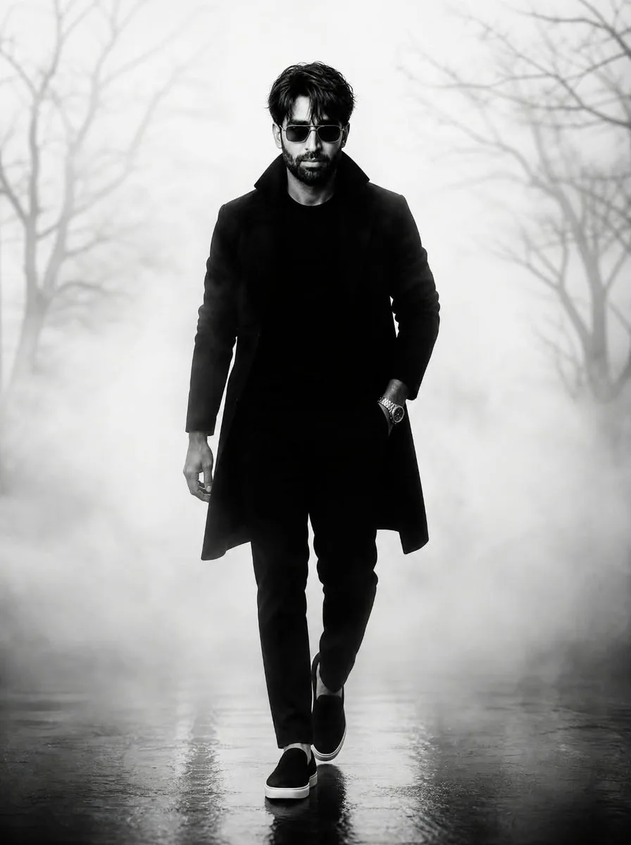 Monochrome Stylish Man Walking, AI generated image