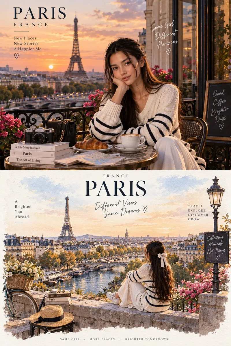 Paris Travel Editorial Diptych, AI generated image