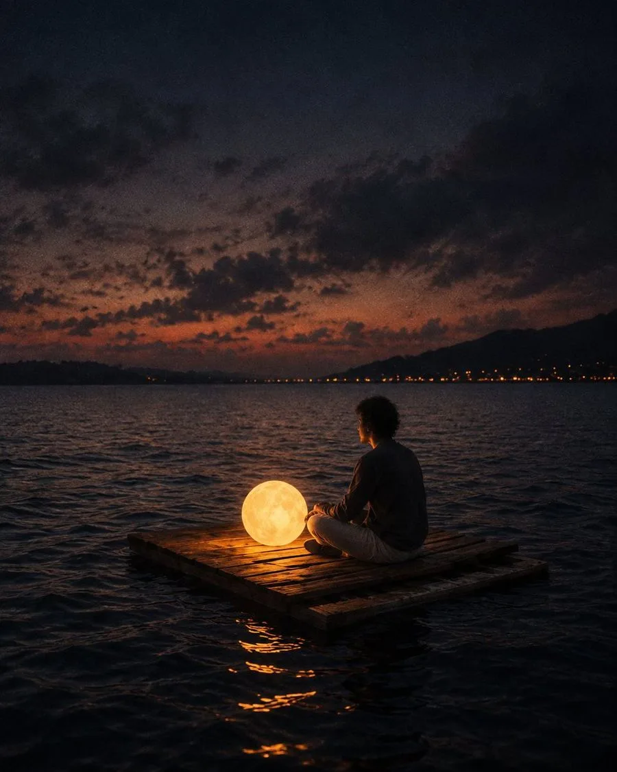 Person Raft Glowing Moon Ocean, AI generated image