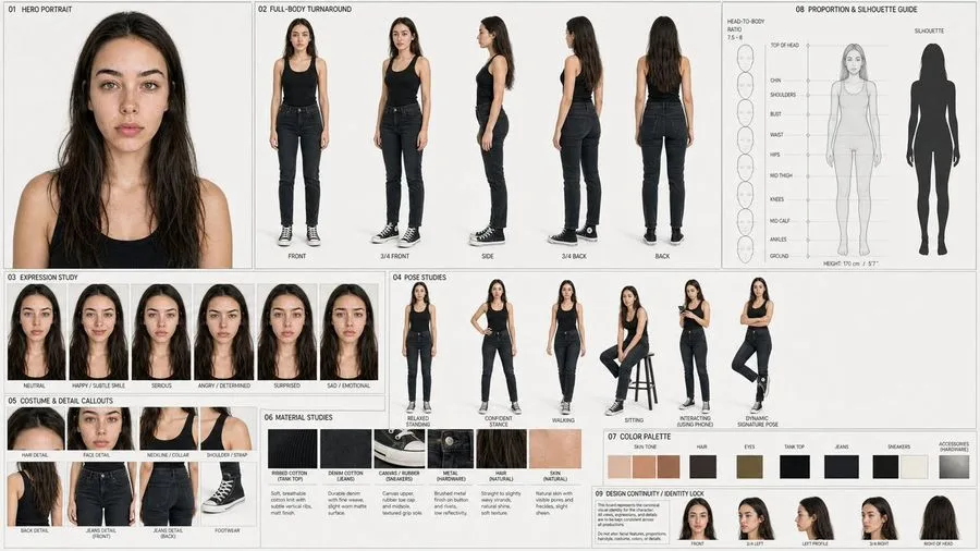 Production Model Sheet Character Reference, AI generated image
