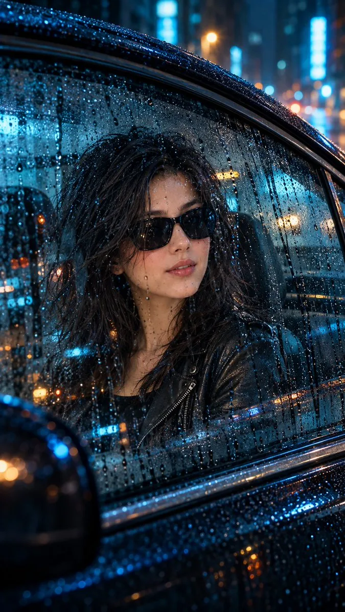 Rainy Cyber Noir Car Portrait, AI generated image