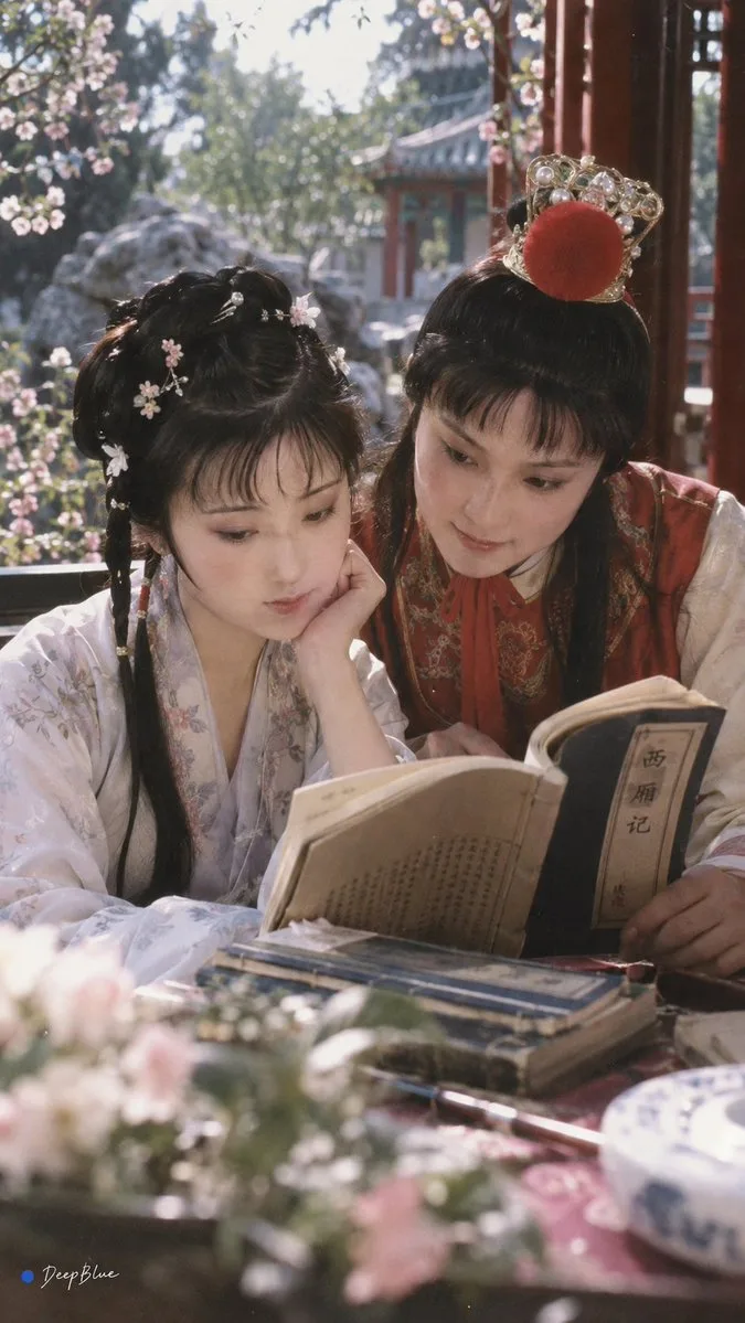 Red Chambers Reading Scene, AI generated image