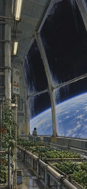 Retro Anime Space Station Greenhouse, AI generated image