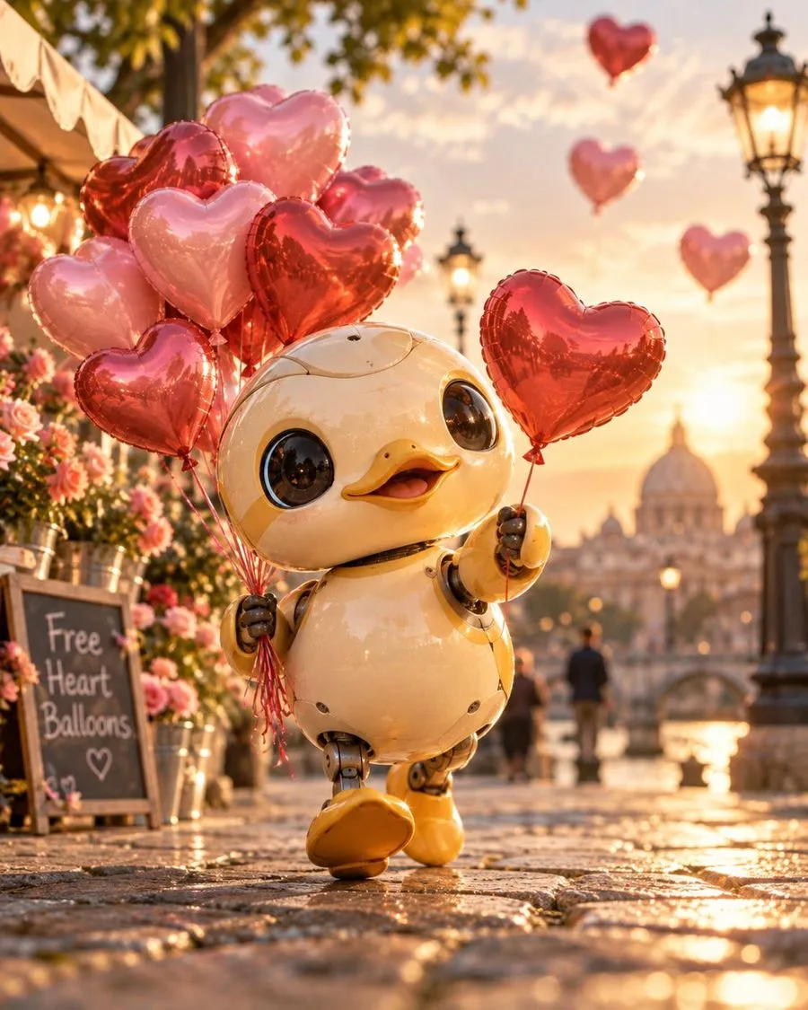 Robot Duck Heart Balloons, AI generated image