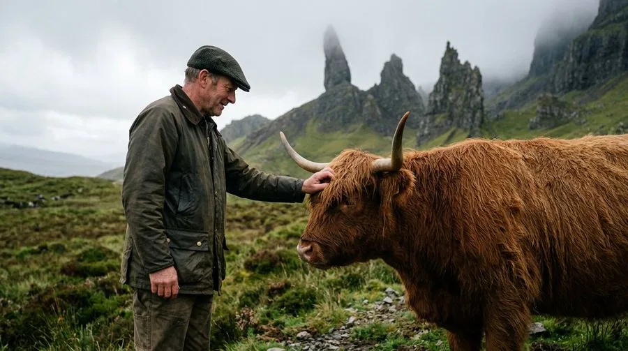 Scottish Man Highland Cow Isle, AI generated image