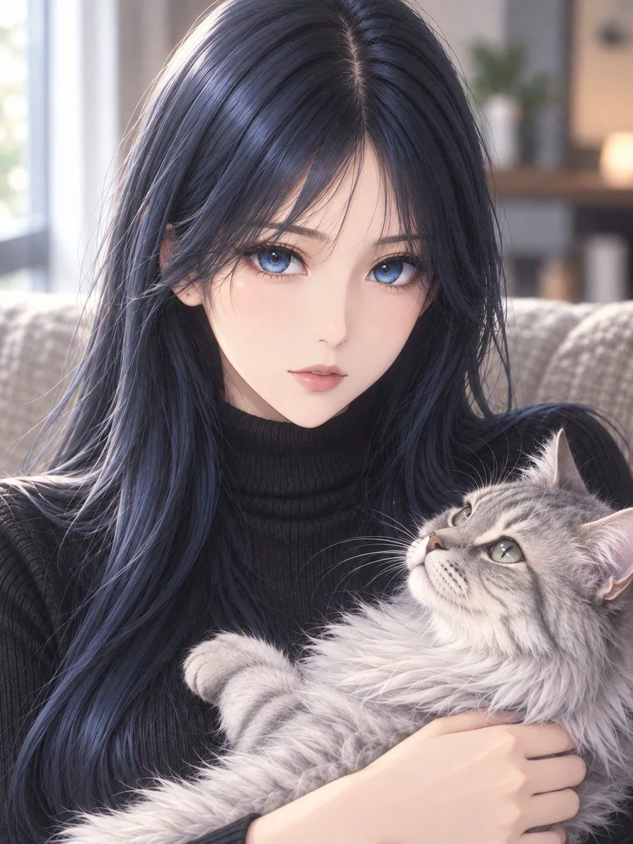 Semi Realistic Girl Cat Portrait, AI generated image