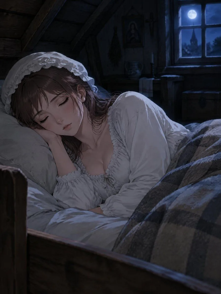 Sleeping Girl Moonlit Attic Anime, AI generated image