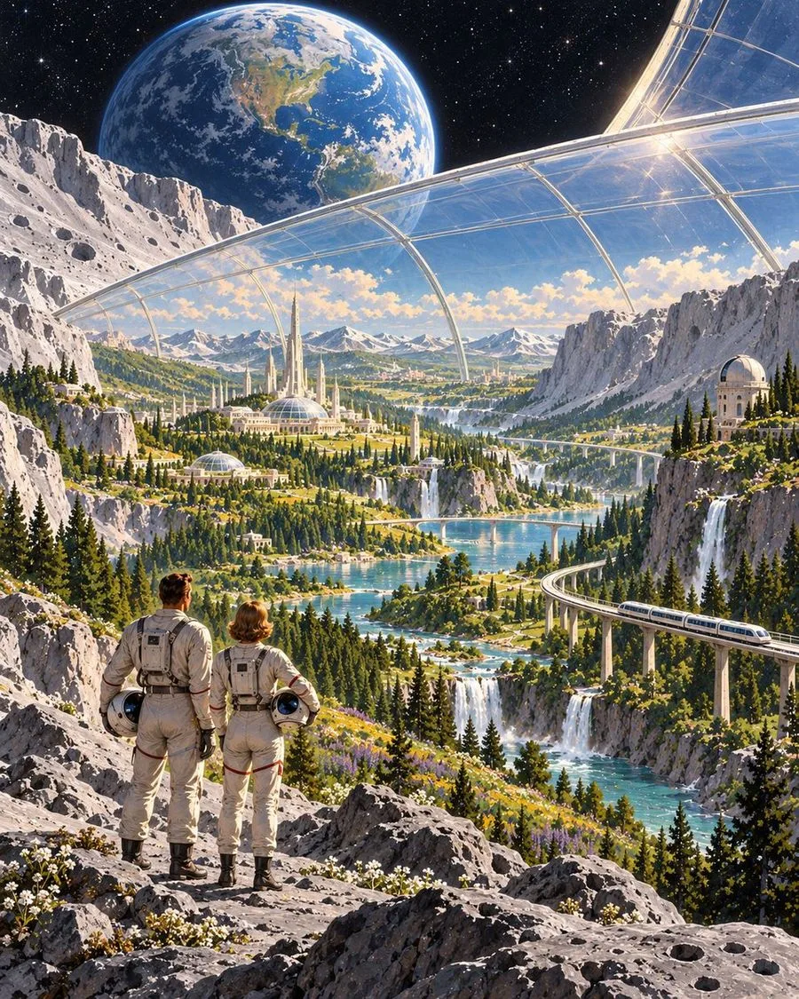 Terraformed Moon Colony Earth View, AI generated image