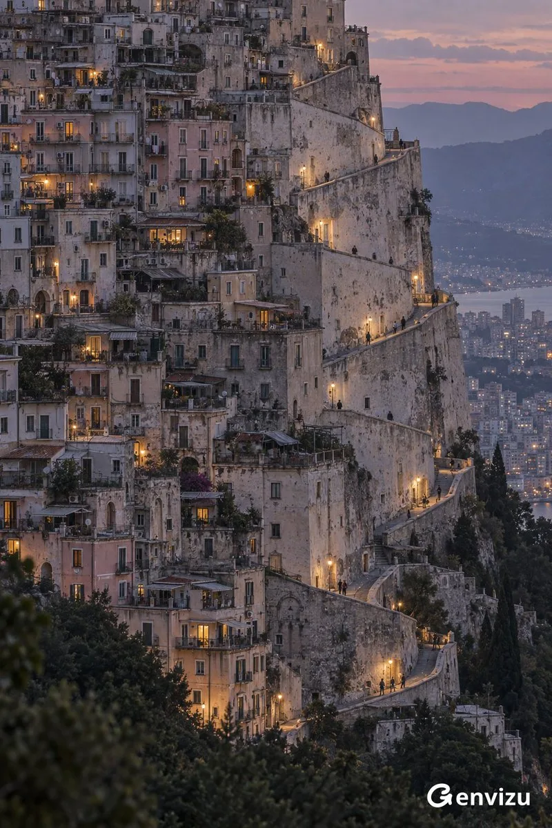Vertical Mountain Cityscape Telephoto, AI generated image