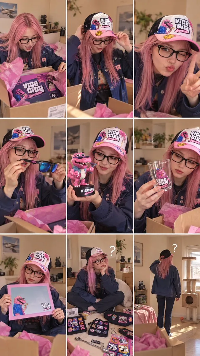 Vice City Merch Unboxing Grid, AI generated image