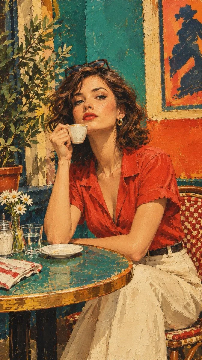 Vintage Cafe Oil Portrait, AI generated image