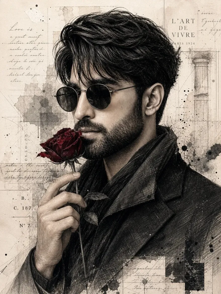 Vintage Mixed Media Portrait Rose, AI generated image