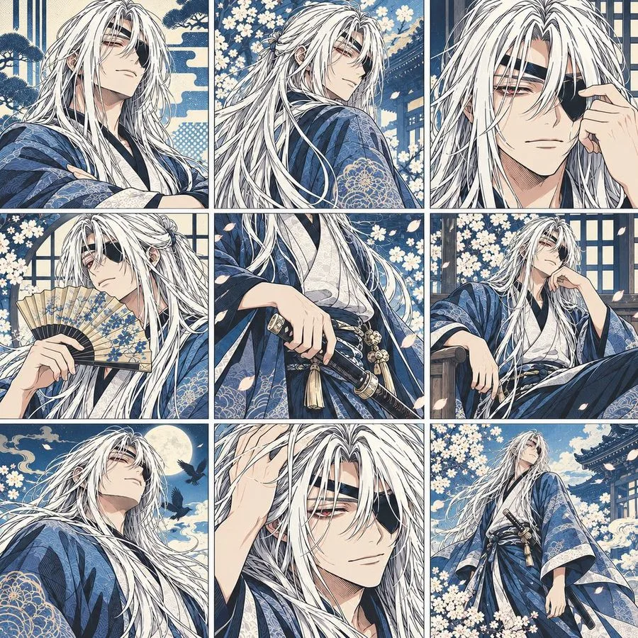 White Haired Samurai Poses, AI generated image