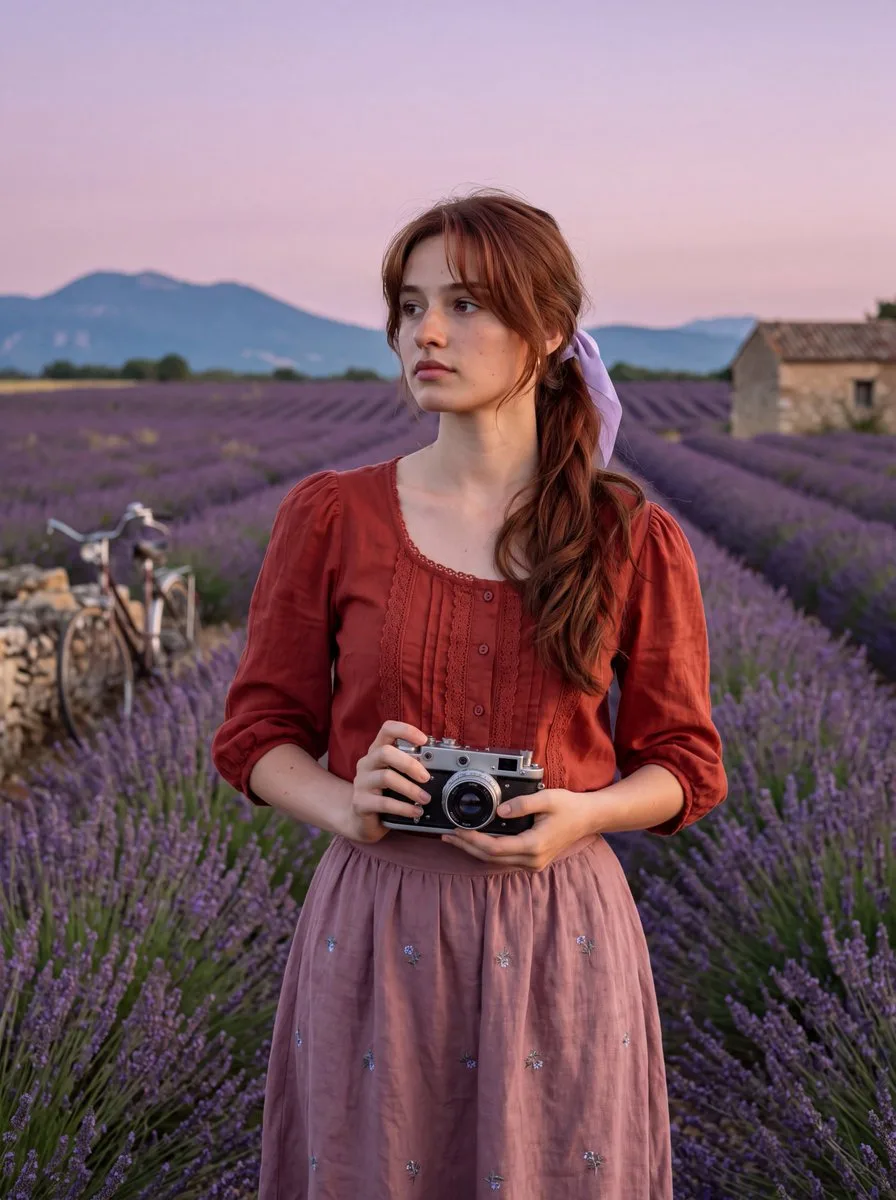 Woman Camera Lavender Field Sunset, AI generated image