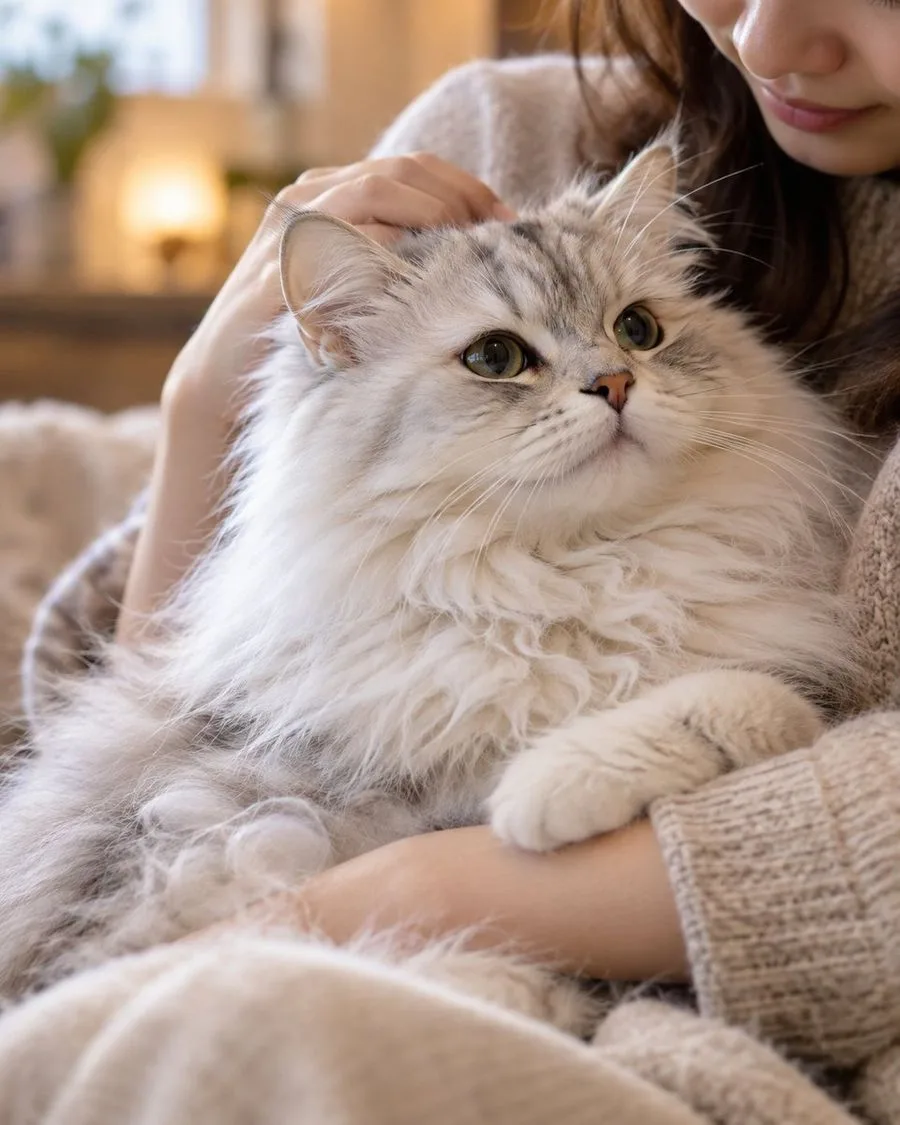 Woman Holding Fluffy Cat Photo, AI generated image