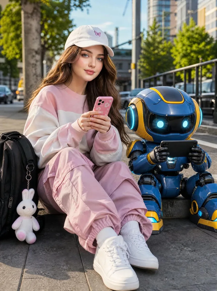 Woman Robot Sidewalk Scene, AI generated image