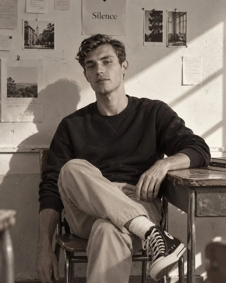 Young Man Classroom Bw Photo, AI generated image